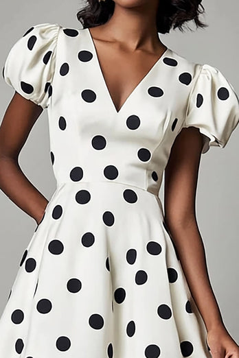 V-Neck Puff Sleeves Black and White Boho Mini Satin Polka Dot Dress