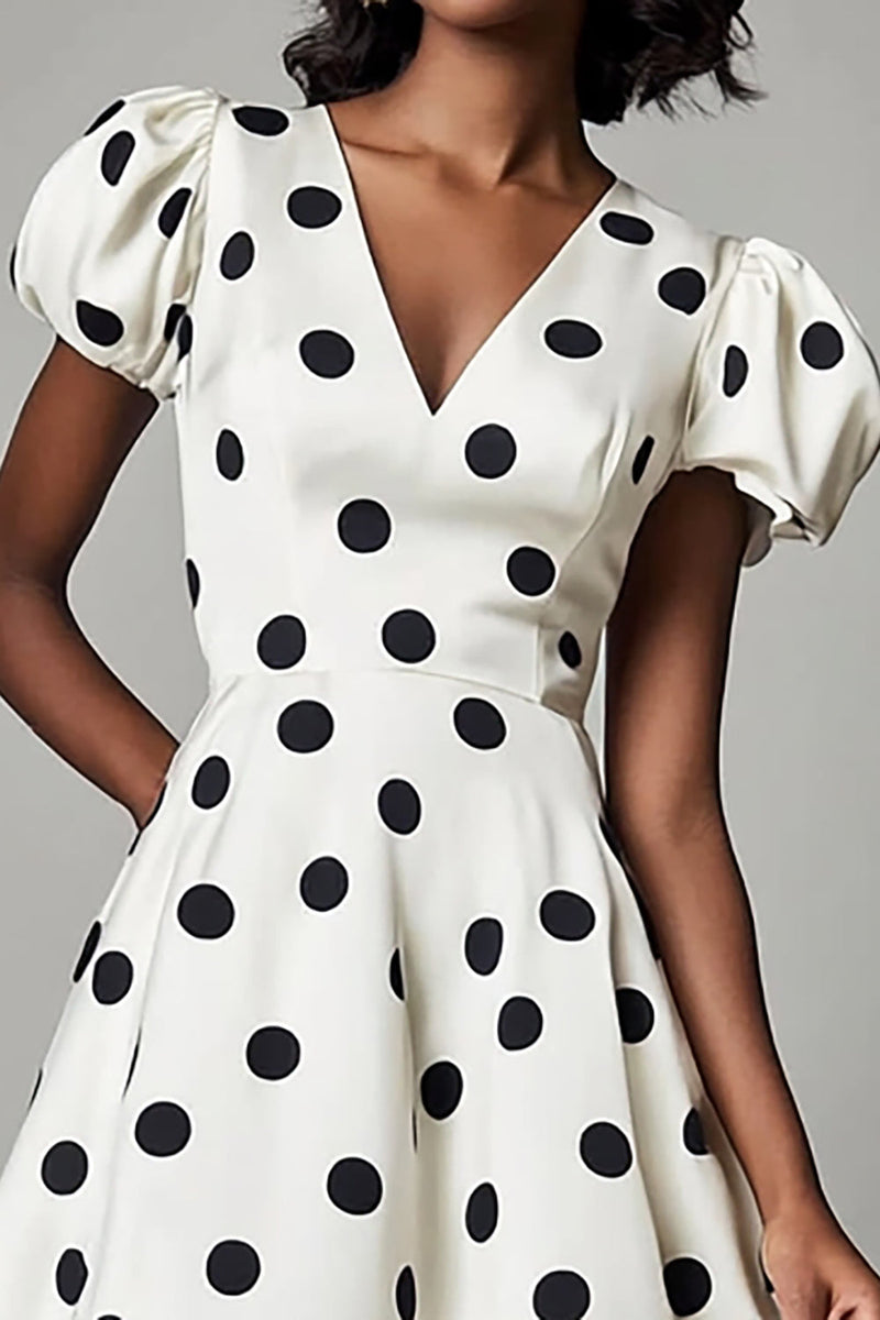 Load image into Gallery viewer, V-Neck Puff Sleeves Black and White Boho Mini Satin Polka Dot Dress