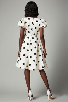 V-Neck Puff Sleeves Black and White Boho Mini Satin Polka Dot Dress
