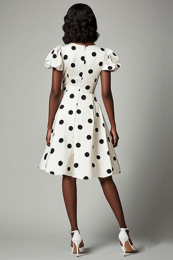 V-Neck Puff Sleeves Black and White Boho Mini Satin Polka Dot Dress