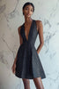 Load image into Gallery viewer, Black and White Deep V-Neck Satin Mini A Line Polka Dot Dress