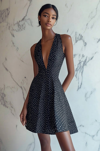Black and White Deep V-Neck Satin Mini A Line Polka Dot Dress