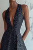 Load image into Gallery viewer, Black and White Deep V-Neck Satin Mini A Line Polka Dot Dress