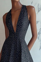 Load image into Gallery viewer, Black and White Deep V-Neck Satin Mini A Line Polka Dot Dress