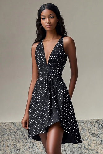 Deep V-Neck Chiffon A Line Black and White Mini Polka Dot Dress