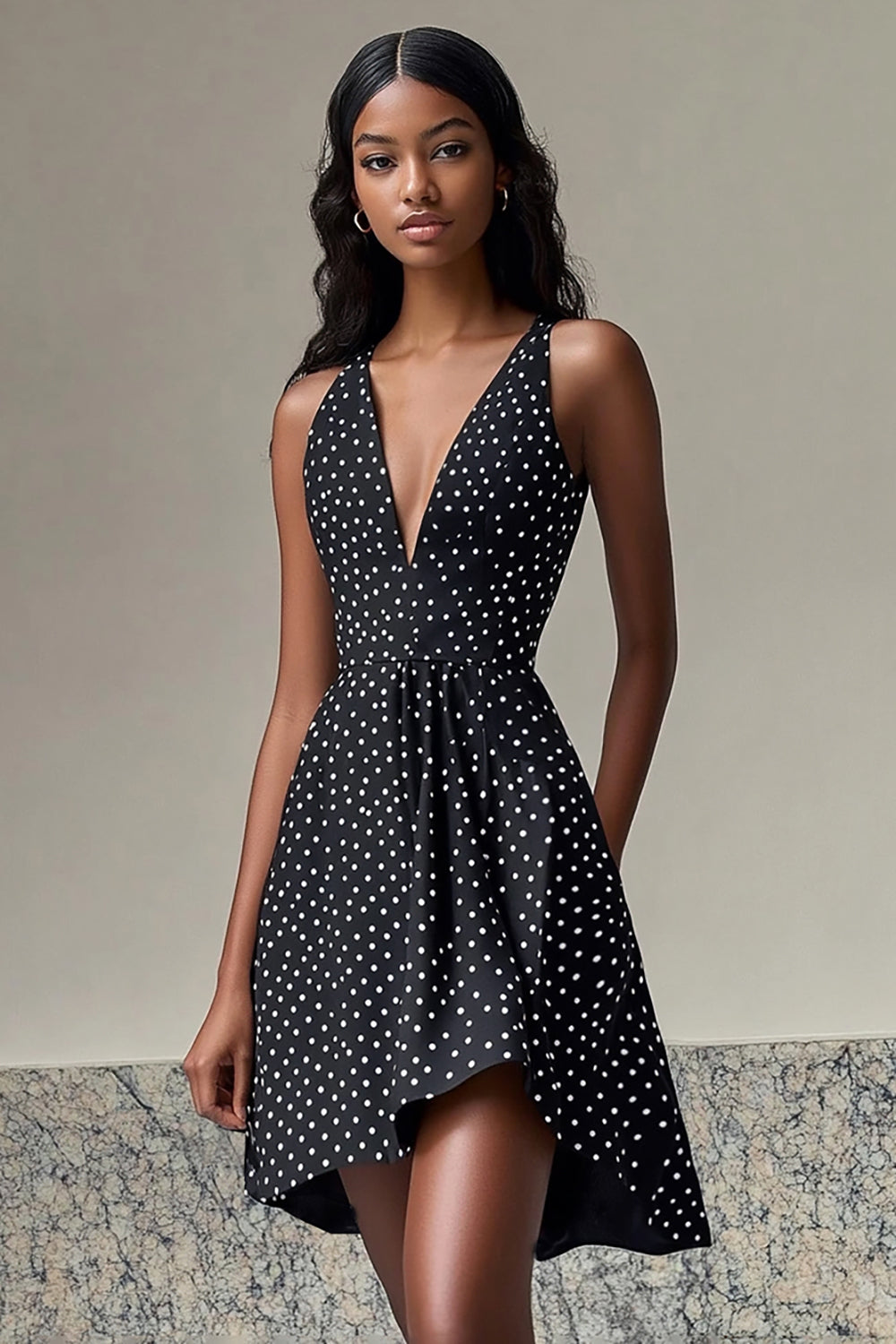 Deep V-Neck Chiffon A Line Black and White Mini Polka Dot Dress