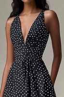 Load image into Gallery viewer, Deep V-Neck Chiffon A Line Black and White Mini Polka Dot Dress