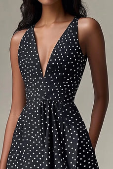 Deep V-Neck Chiffon A Line Black and White Mini Polka Dot Dress