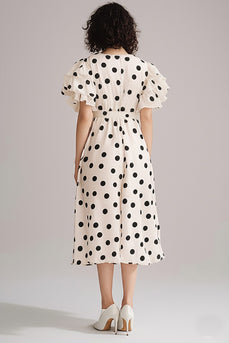 Black and White Chiffon V-Neck A Line Midi Boho Polka Dot Dress with Ruffles