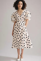 Load image into Gallery viewer, Black and White Chiffon V-Neck A Line Midi Boho Polka Dot Dress with Ruffles