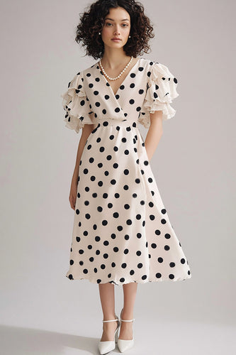 Black and White Chiffon V-Neck A Line Midi Boho Polka Dot Dress with Ruffles