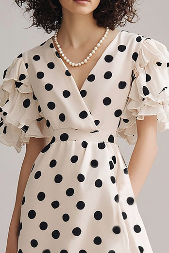 Black and White Chiffon V-Neck A Line Midi Boho Polka Dot Dress with Ruffles