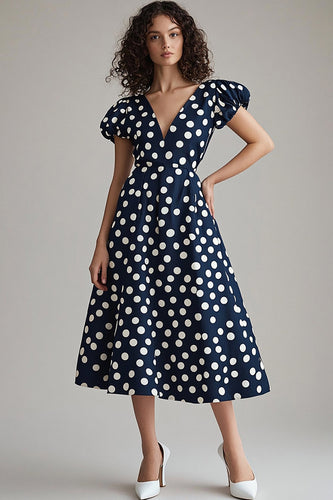 Satin Navy and White V-Neck A Line Midi Polka Dot Dress with Sleeves