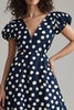 Load image into Gallery viewer, Satin Navy and White V-Neck A Line Midi Polka Dot Dress with Sleeves