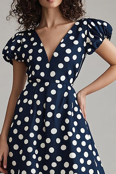 Satin Navy and White V-Neck A Line Midi Polka Dot Dress with Sleeves