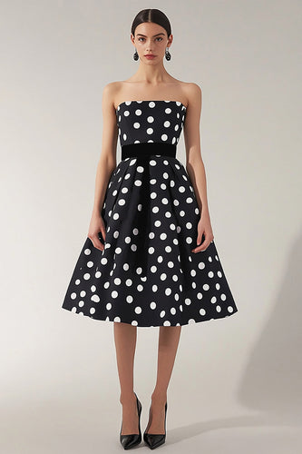 Strapless A Line Black and White Satin Mini Polka Dot Dress