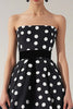 Load image into Gallery viewer, Strapless A Line Black and White Satin Mini Polka Dot Dress