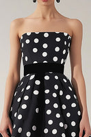 Load image into Gallery viewer, Strapless A Line Black and White Satin Mini Polka Dot Dress