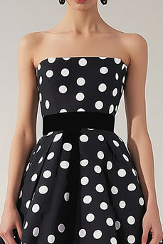 Strapless A Line Black and White Satin Mini Polka Dot Dress
