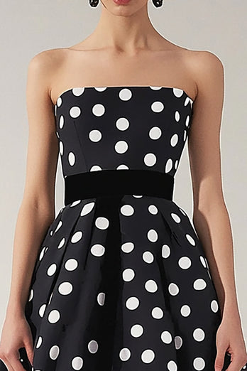 Strapless A Line Black and White Satin Mini Polka Dot Dress