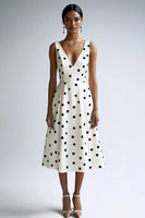 Load image into Gallery viewer, Satin Black and White V-Neck A Line Midi Polka Dot Dress