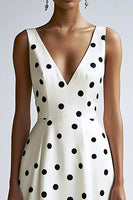Load image into Gallery viewer, Satin Black and White V-Neck A Line Midi Polka Dot Dress