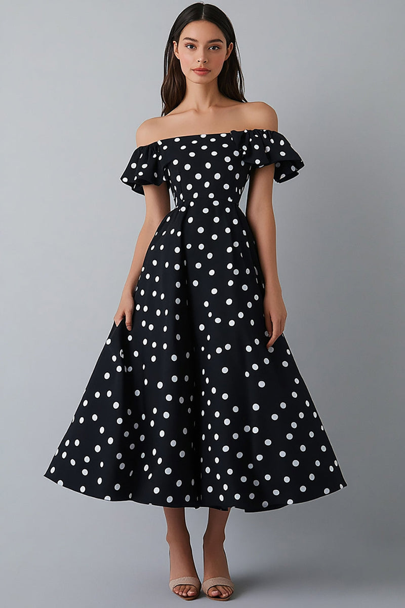 Load image into Gallery viewer, Off the Shoulder Black and White Maxi Satin A Line Polka Dot Dress