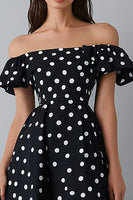 Load image into Gallery viewer, Off the Shoulder Black and White Maxi Satin A Line Polka Dot Dress