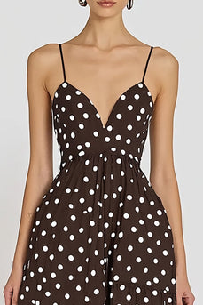 Chiffon Coffee and White Spaghetti Straps A Line Boho Maxi Polka Dot Dress