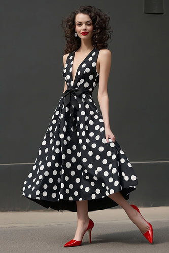 Deep V-Neck Black and White Satin Midi A Line Polka Dot Dress with Bow