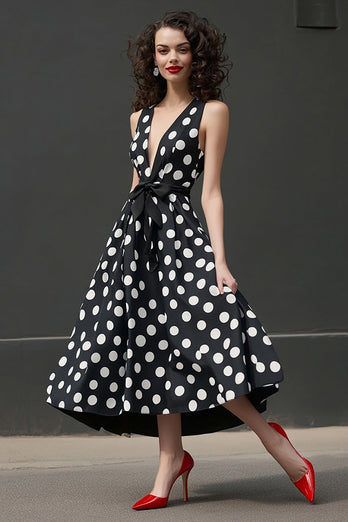 Deep V-Neck Black and White Satin Midi A Line Polka Dot Dress with Bow