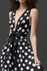 Load image into Gallery viewer, Deep V-Neck Black and White Satin Midi A Line Polka Dot Dress with Bow