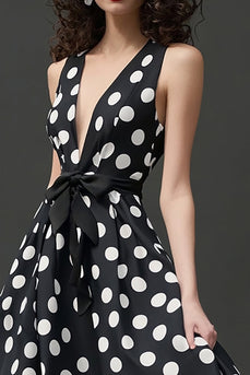 Deep V-Neck Black and White Satin Midi A Line Polka Dot Dress with Bow