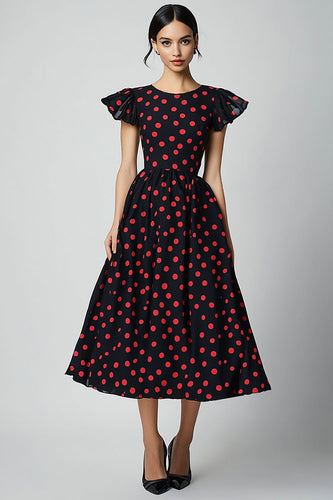 Black and Red Satin A Line Cap Sleeves Midi Polka Dot Dress with Ruffles