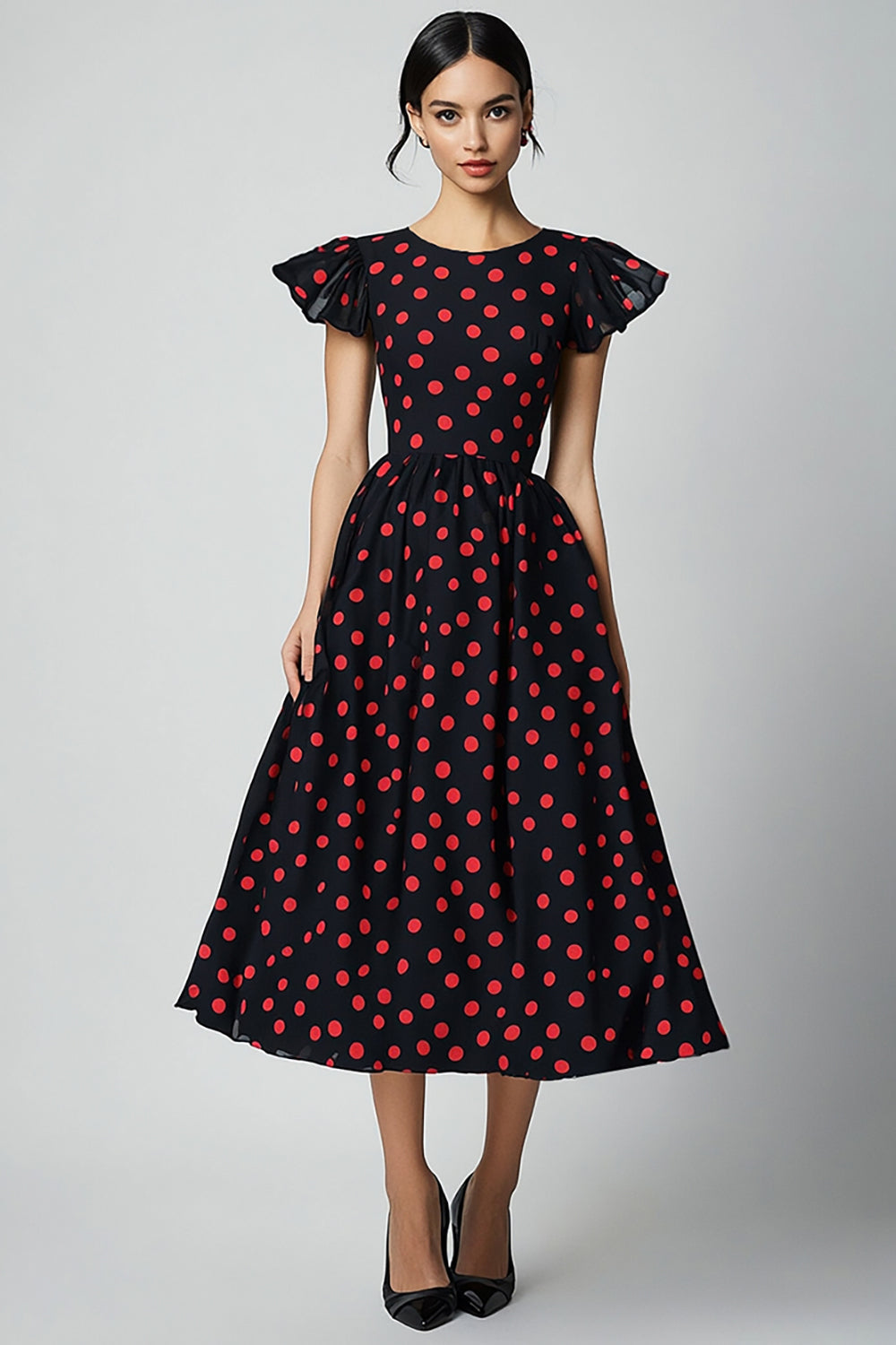 Black and Red Satin A Line Cap Sleeves Midi Polka Dot Dress with Ruffles