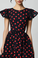 Load image into Gallery viewer, Black and Red Satin A Line Cap Sleeves Midi Polka Dot Dress with Ruffles