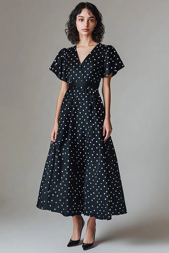 V-Neck Satin Black and White Maxi A Line Polka Dot Dress