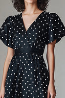Load image into Gallery viewer, V-Neck Satin Black and White Maxi A Line Polka Dot Dress
