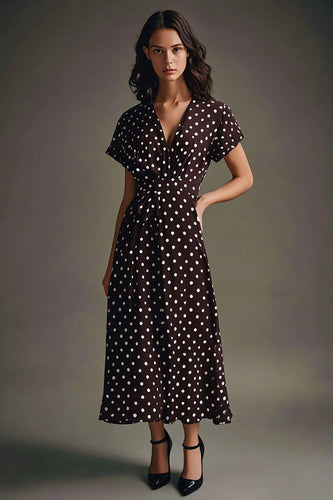 Boho Coffee and White V-Neck Chiffon Maxi Boho Polka Dot Dress with Sleeves
