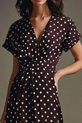 Boho Coffee and White V-Neck Chiffon Maxi Boho Polka Dot Dress with Sleeves