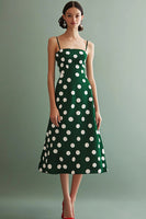 Load image into Gallery viewer, Boho Chiffon Green and White Spaghetti Straps A Line Midi Polka Dot Dress