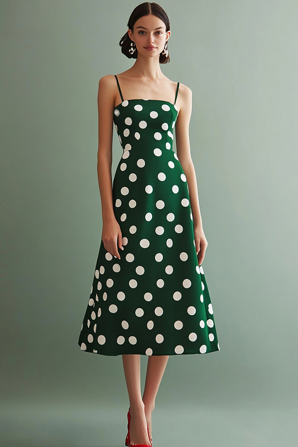Boho Chiffon Green and White Spaghetti Straps A Line Midi Polka Dot Dress