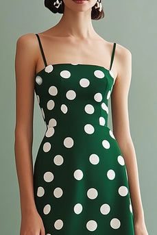 Boho Chiffon Green and White Spaghetti Straps A Line Midi Polka Dot Dress