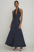 Load image into Gallery viewer, Halter Black and White Maxi Boho Chiffon A Line Polka Dot Dress