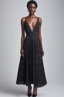Load image into Gallery viewer, Deep V-Neck Black and White Maxi Boho A Line Chiffon Polka Dot Dress