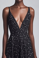 Load image into Gallery viewer, Deep V-Neck Black and White Maxi Boho A Line Chiffon Polka Dot Dress
