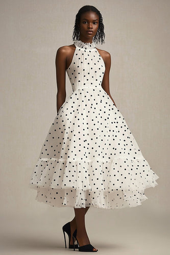 Tulle White and Black High Neck Midi Tiered Polka Dot Dress with Ruffles