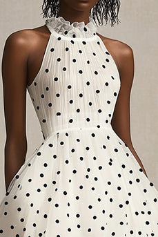 Tulle White and Black High Neck Midi Tiered Polka Dot Dress with Ruffles