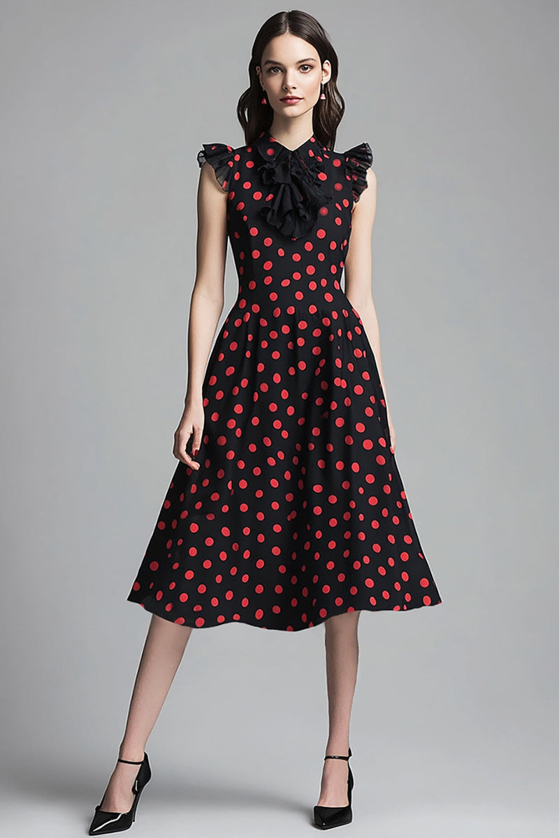 Load image into Gallery viewer, Black and Red Chiffon A Line High Neck Midi Polka Dot Dress with Ruffles