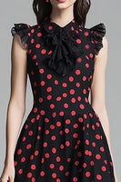 Load image into Gallery viewer, Black and Red Chiffon A Line High Neck Midi Polka Dot Dress with Ruffles